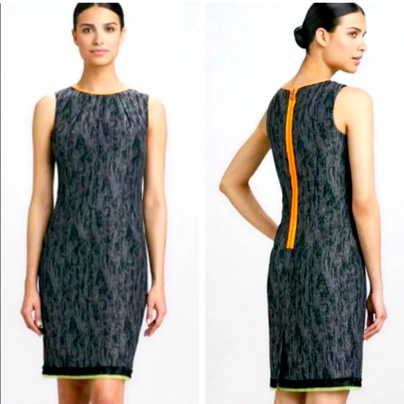SOLD- Elie Tahari Marina Abstract Gray Jacquard Sheath Orange green Accent Dress - Picture 3 of 16